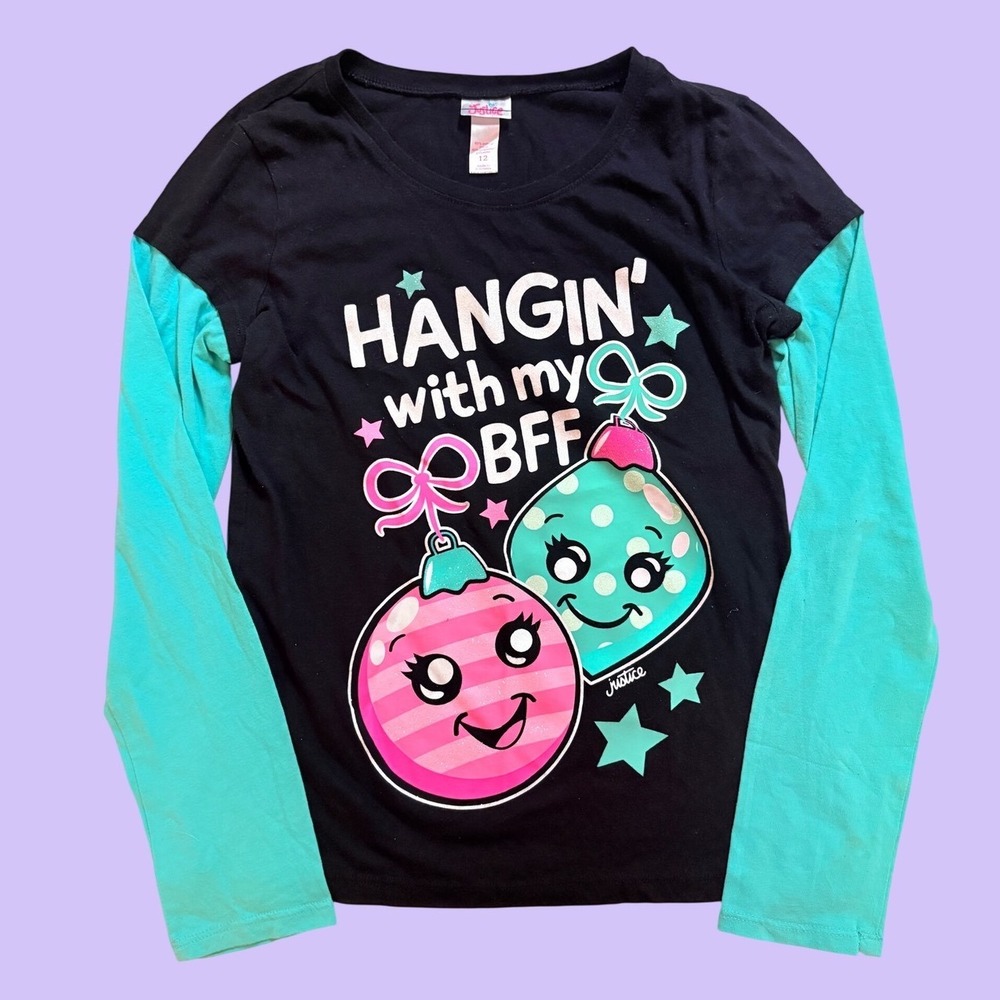 Y2K Justice Teal Long Sleeve Hangin With My BFF Graphic Tee Scene Cute #19